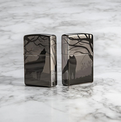 Зажигалка ZIPPO Wolves Design с покрытием Black Ice®, латунь/сталь, чёрная, глянцевая, 38x13x57 мм