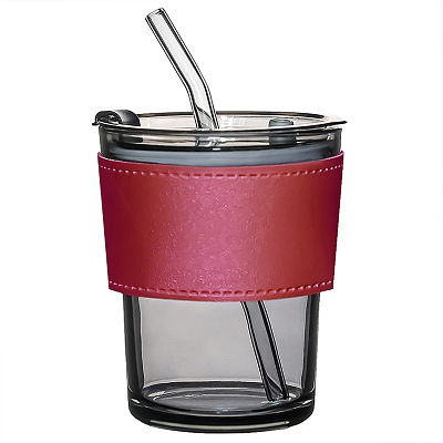 Стакан стеклянный с трубочкой и капхолдером Karamel  (Бордовый)