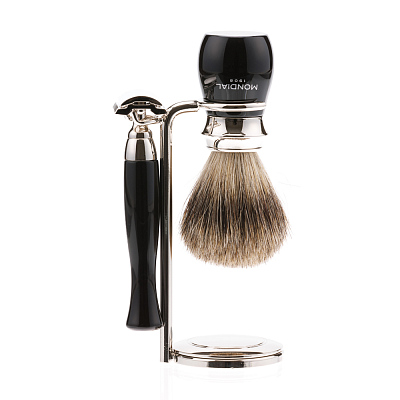 Бритвенный набор Mondial: классический Т-образный станок, помазок, подставка; чёрная смола (Черный)