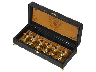 Подарочный набор хрустальных стопок (Стопки- прозрачный/золотистый, шкатулка- темно-коричневый/рыжий)