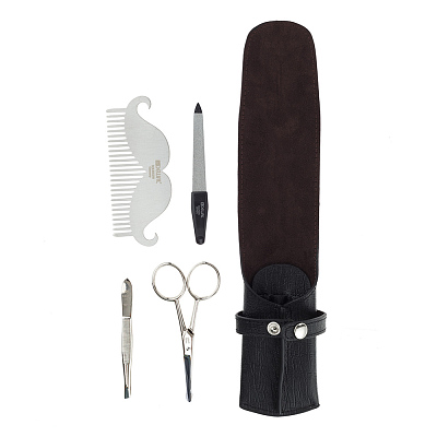 Мужской набор DEWAL для бороды, усов и ногтей серии "FOR MEN", 4пр. Футляр: натур.кожа, цвет черный