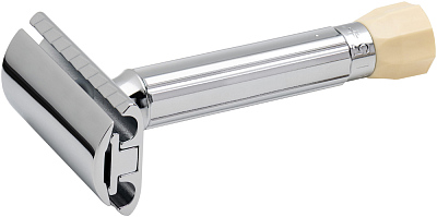 Станок Т-образный для бритья MERKUR 570, глянцевое хромированное покрытие, прямой срез, закрытый гребень, короткая ручка, лезвия в комплекте (10 шт)