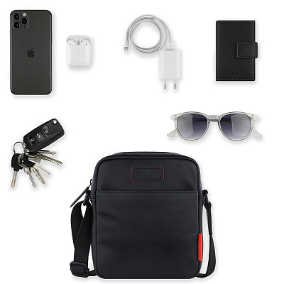 Сумка наплечная мужская BUGATTI Clark, чёрная, воловья кожа/полиэстер, 18х5,5х20 см, 2 л