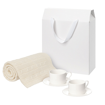Подарочный набор Mokko, Fado, бежевый в коробке-пакете (две чайных пары, плед) (Бежевый, белый)
