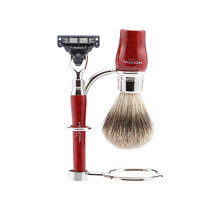 Бритвенный набор Mondial: станок MACH3, помазок, подставка; бриар (Красный)