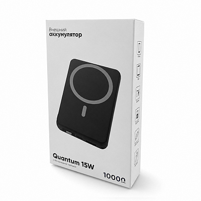 Магнитный внешний аккумулятор Quantum с беспроводной зарядкой (15W), 10000 Mah, черный