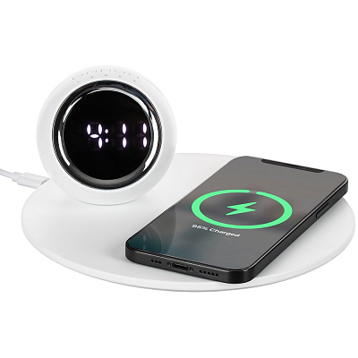 Станция беспроводной зарядки с часами и подсветкой GlobeBee, белая (Белый) Станция беспроводной зарядки с часами и подсветкой GlobeBee, белая (Белый)