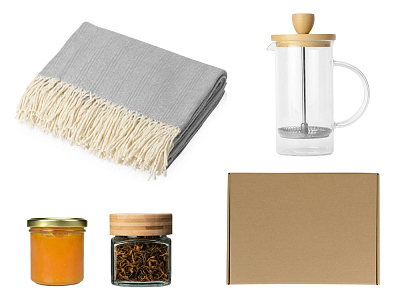 Подарочный набор с пледом, френчпрессом, чаем и вареньем (Серый)