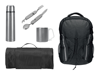 Набор туриста с термосом, кружкой, столовыми приборами и пледом (Темно-серый, черный)