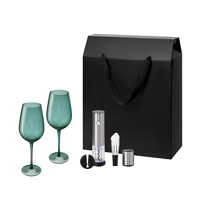 Подарочный набор Capri, Vintaro (2 бокала + набор для вина) (Зеленый, серебряный, черный)