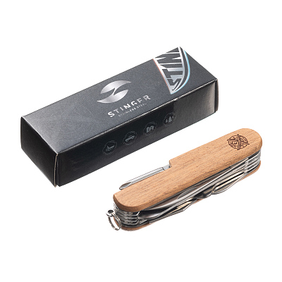 Нож перочинный Stinger, 89 мм, 15 функций, материал рукояти: древесина сапеле