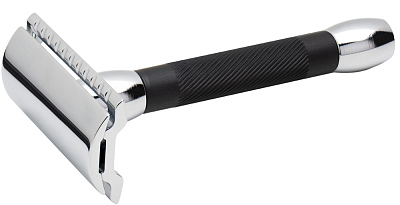 Cтанок Т-образный для бритья MERKUR 30C, глянцевое хромированное покрытие, анодированный алюминий в черном цвете, лезвие в комплекте (1 шт) (Черный)