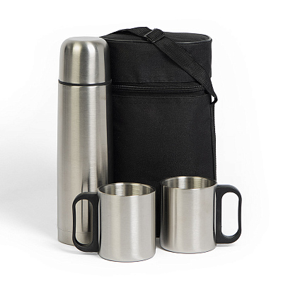 Термос, 2 кружки в чехле: 26х16х10 см; термос 500 мл; кружки 220 мл; металл, нейлон (Серебристый, черный)