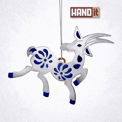 Ёлочная игрушка Коза (серебряный с синим) (Серебряный с синим)