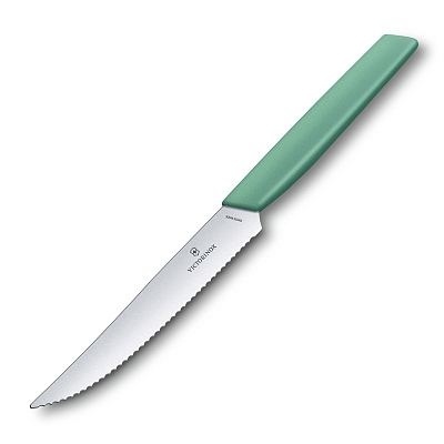 Нож для стейка и пиццы VICTORINOX Swiss Modern, 12 см, с волнистой кромкой, мятно-зелёный