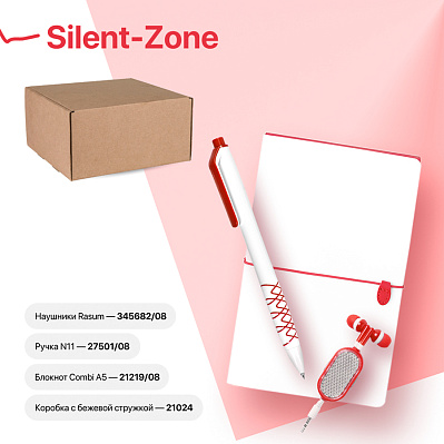 Набор подарочный SILENT-ZONE: бизнес-блокнот, ручка, наушники, коробка, стружка, бело-красный (Белый, красный)