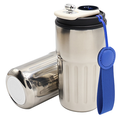 Термокружка Ashly To Go, серебристая/темно-синяя/белая (Серебристый/тёмно-синий/белый)