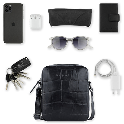 Сумка наплечная мужская BUGATTI Nevio, чёрная, воловья кожа/хлопок, 17,5х5,5х19,5 см, 2 л