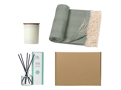Подарочный набор для дома с пледом, свечой и диффузором (Зеленый оливковый)