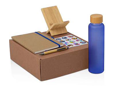 Набор Wooden с бутылкой, блокнотом, ручкой и подставкой для телефона  (Синий, темно-серый)