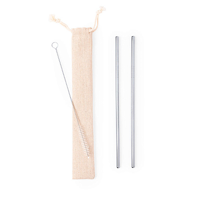 Коктейльные трубочки (2 шт.) с ершиком в чехле KALUX, 3,5х24,5см, нержавеющая сталь, хлопок (Серебристый)
