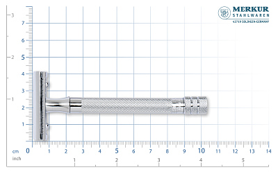 Станок Т-образный для бритья MERKUR 23C, глянцевое хромированное покрытие, прямой срез, закрытый гребень, длинная ручка, лезвие в комплекте (1 шт)