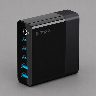 Зарядная станция 3xUSB Type-C, 2xUSB, PD, QC, 140Вт (Чёрный)