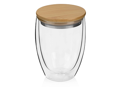Стакан с двойными стенками и бамбуковой крышкой Valday (Прозрачный, коричневая крышка)