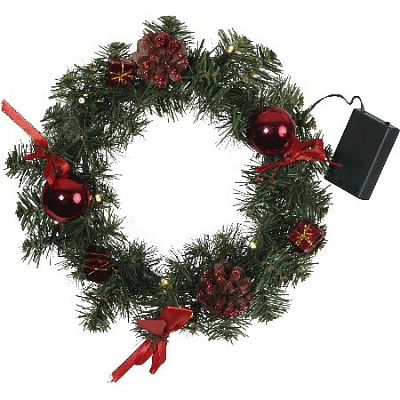 Венок еловый DECORAGE, диаметр 30 см, 10 LED ламп, на батарейках, зелёная хвоя, красные украшения 60 (Зеленый)