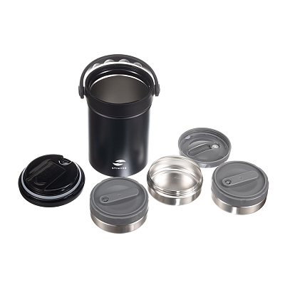 Термос ланч-бокс Stinger, 1,7 л, широкий, сталь, чёрный, три контейнера, 16,1 x 14,9 x 21,5