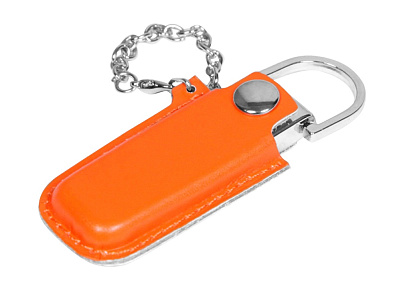 USB 2.0- флешка на 16 Гб в массивном корпусе с кожаным чехлом (Оранжевый/серебристый)