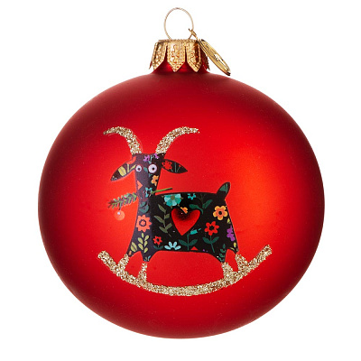 Шар новогодний 8 см, Символ 2027 года, Коза 14 (Красный полуматовый)