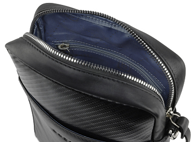 Сумка наплечная мужская BUGATTI Comet, чёрная, воловья кожа/полиэстер, 17х4,7х21 см