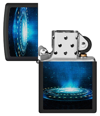 Зажигалка ZIPPO UFO Flame с покрытием Black Light, латунь/сталь, черная, матовая, 38x13x57 мм