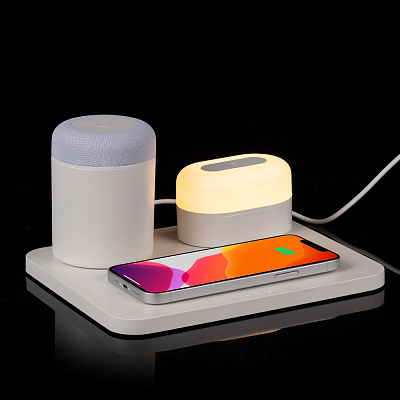 Станция беспроводной зарядки с колонкой и ночником Trilogy, белая (Белый)