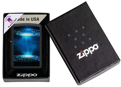Зажигалка ZIPPO UFO Flame с покрытием Black Light, латунь/сталь, черная, матовая, 38x13x57 мм