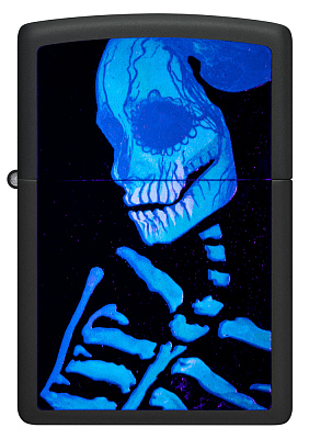 Зажигалка ZIPPO Skeleton Design с покрытием Black Light, латунь/сталь, черная, матовая, 38x13x57 мм