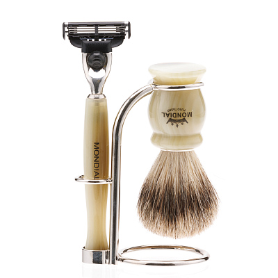 Бритвенный набор Mondial: станок, помазок, подставка; светлый и серый перламутр (Золотистый)
