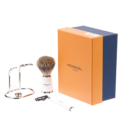 Бритвенный набор Mondial: станок, помазок, подставка; белая смола
