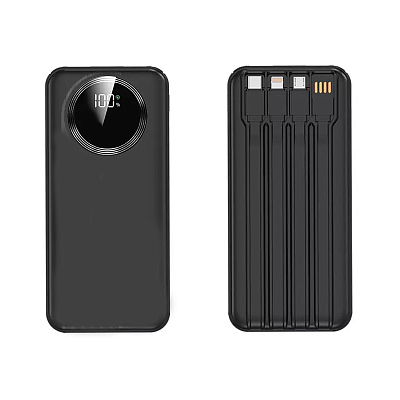 Зарядное устройство "Phantom" 10000 mAh с 4мя встроенными кабелями и цифровым индикатором заряда, черный (Чёрный)