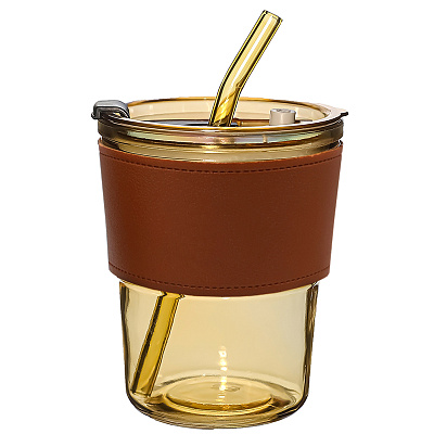 Стакан стеклянный с трубочкой и капхолдером Karamel  (Золотой)