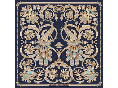 Платок Русское золотное шитьё (Темно-синий, золотистый)