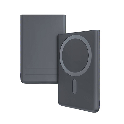 Магнитный внешний аккумулятор Slims с беспроводной зарядкой (15W), 5000 Mah, черный (Чёрный)