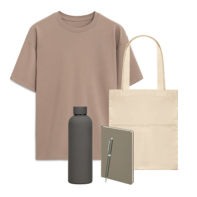 Набор с одеждой RUST (футболка, термобутылка, ежедневник, ручка, шоппер), мокко/серый, 3XL/4XL (Бежевый, серый)