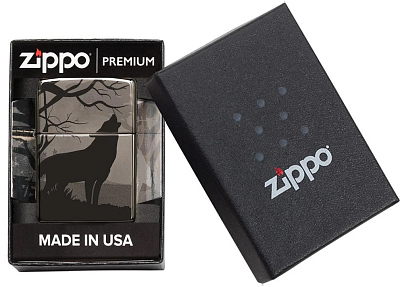 Зажигалка ZIPPO Wolves Design с покрытием Black Ice®, латунь/сталь, чёрная, глянцевая, 38x13x57 мм