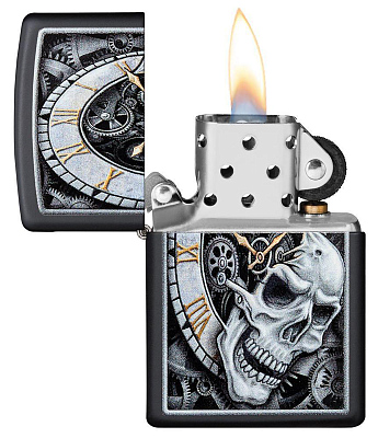 Зажигалка ZIPPO Skull Clock с покрытием Black Matte, латунь/сталь, чёрная, матовая, 38x13x57 мм