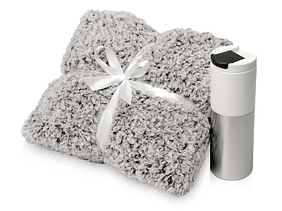 Подарочный набор Хюгге с пледом и термокружкой (Плед- бело-черный, термокружка- белый/серебристый)