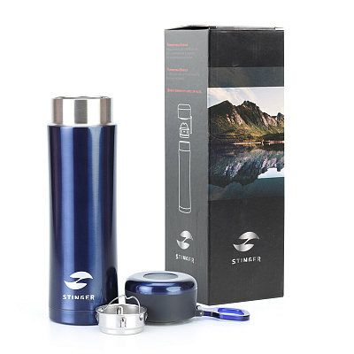 Термокружка Stinger, 0,42 л, сталь/пластик, синий глянцевый, 7,5 х 6,9 х 22,2 см