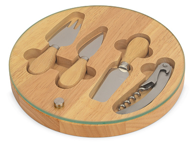 Набор для сыра и вина со стеклянной крышкой Rendezvous (Ножи- натуральный/серебристый, коробка- натуральный/прозрачный)