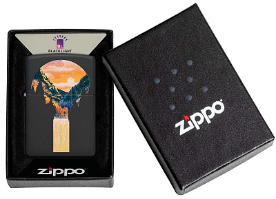 Зажигалка ZIPPO Mountain Waterfall с покрытием Black Light, латунь/сталь, черная,матовая 38x13x57 мм